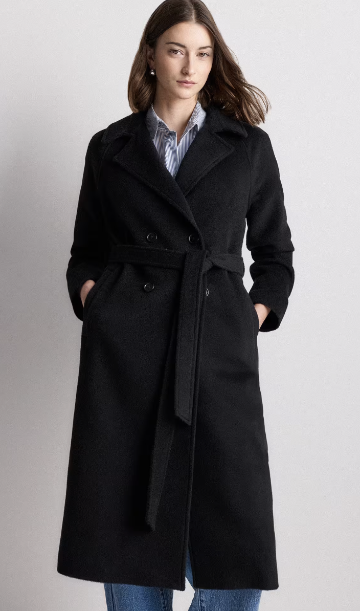 Quince, Camel Hair Double-Breasted Long Wrap Coat in Black
