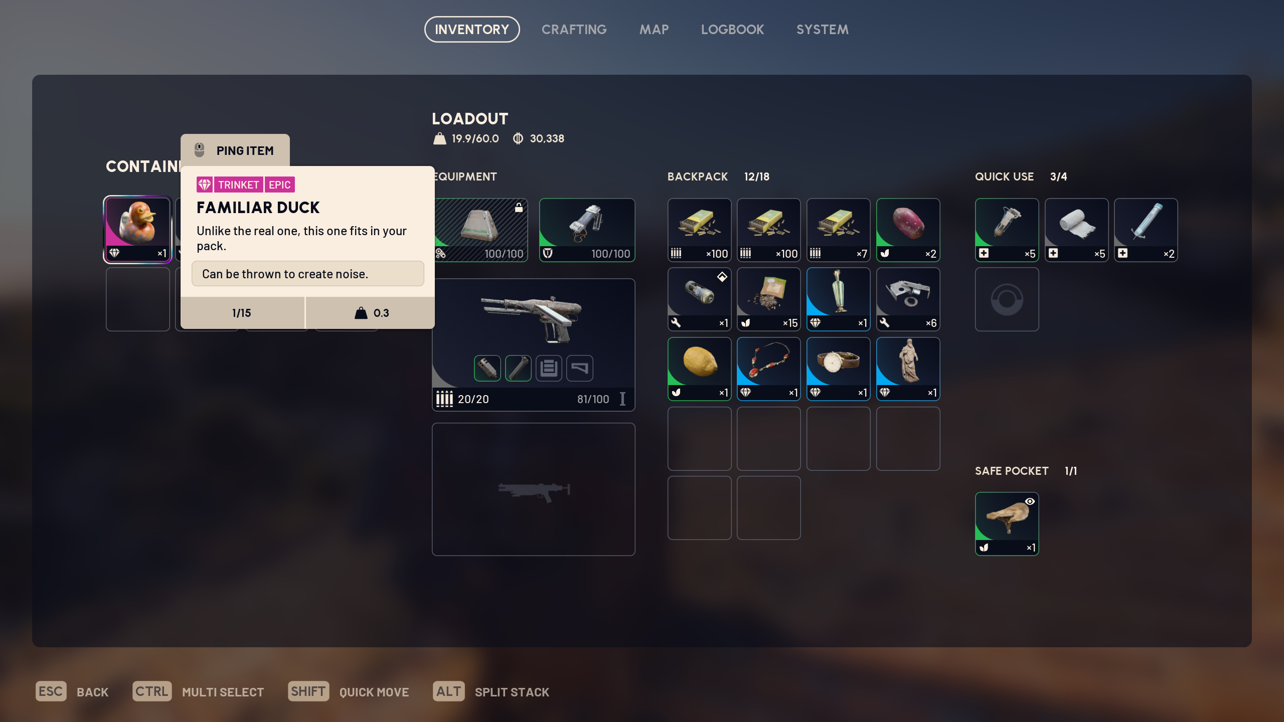 Arc Raiders Bird City: A player inspecting a Familiar Duck trinket item in the inventory of a chimney.