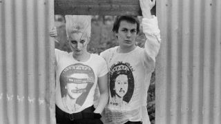 Jordan and Simon Barker modelling Sex Pistols 'God Save The Queen' T-shirts