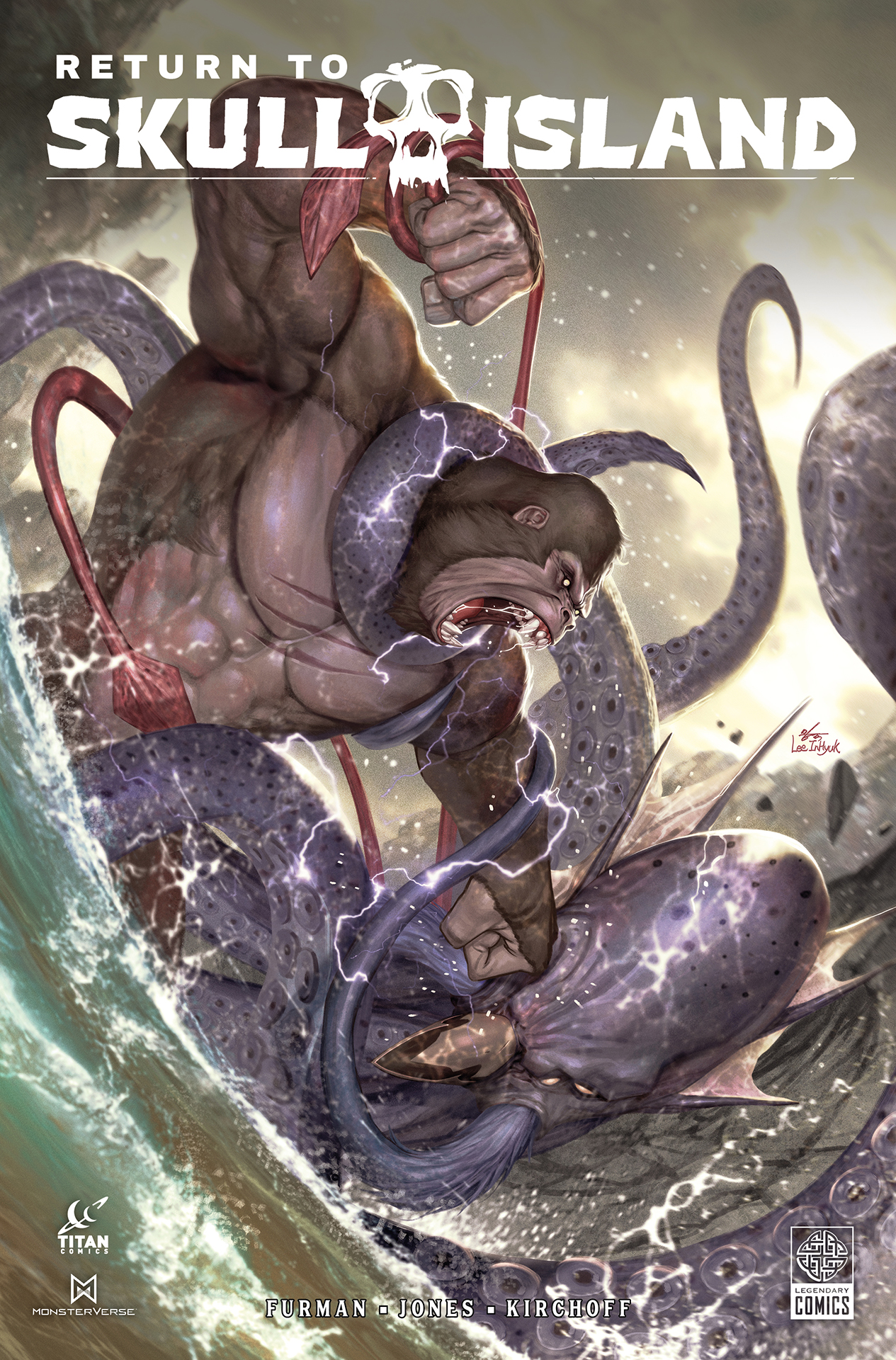 King Kong wrestling a giant squid monster