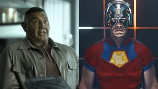 Dave Bautista sitting in a chair looking surprised in The Killer's Game (2025), Peacemaker Season 2 opening dance scene starring John Cena in lead role (2025).