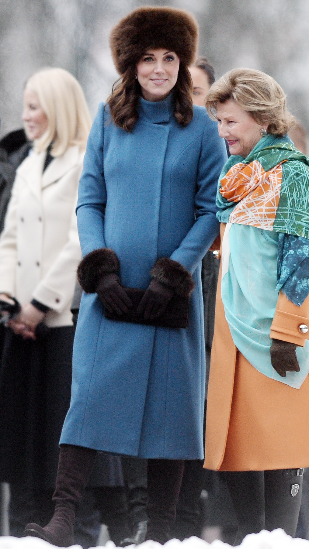 Catherine, Princess of Wales, Crown Princess Mette-Marit of Norway and Queen Sonja of Norway visit the Princess Ingrid Alexandra Sculpture Park on February 1, 2018 in Oslo