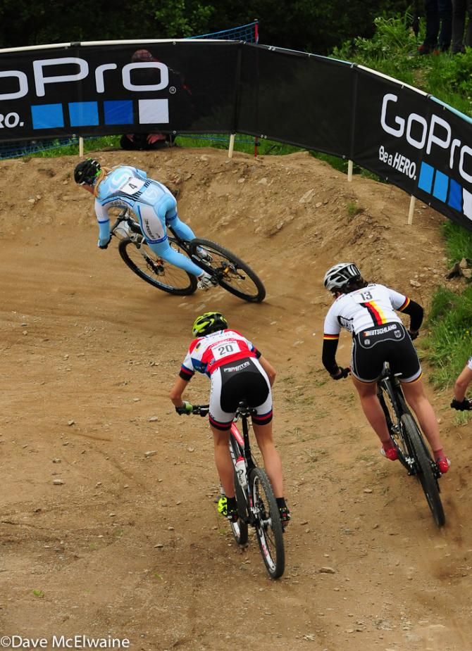 Kathrin Stirnemann (Sabine Spitz Haibike Pro Team) leading through a banked turn
