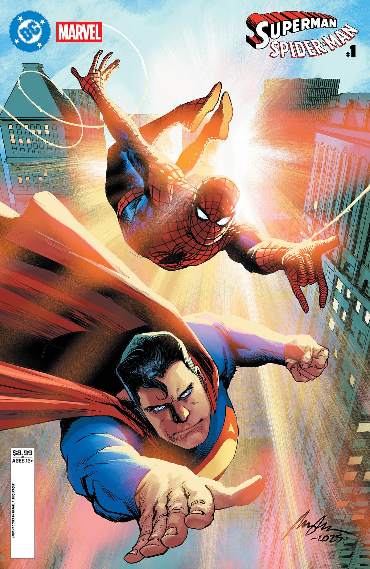 Superman and Spider-Man soaring between buildings by Raphael Albuquerque