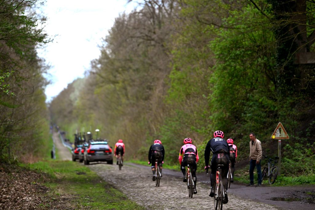 ROUBAIX FRANCE APRIL 05 Team EF Education EasyPost riders train at the Troue dArenberg cobblestones sector during the 121st ParisRoubaix 2024 Previews UCIWT on April 05 2024 in Roubaix France Photo by Luc ClaessenGetty Images