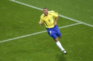 Ronaldo celebrates after scoring for Brazil against Turkey in the semi-finals of the 2002 World Cup.