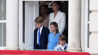 Catherine, Duchess of Cambridge, Prince George, Princess Charlotte and Prince Louis during Trooping The Colour on June 2, 2022 in London, England