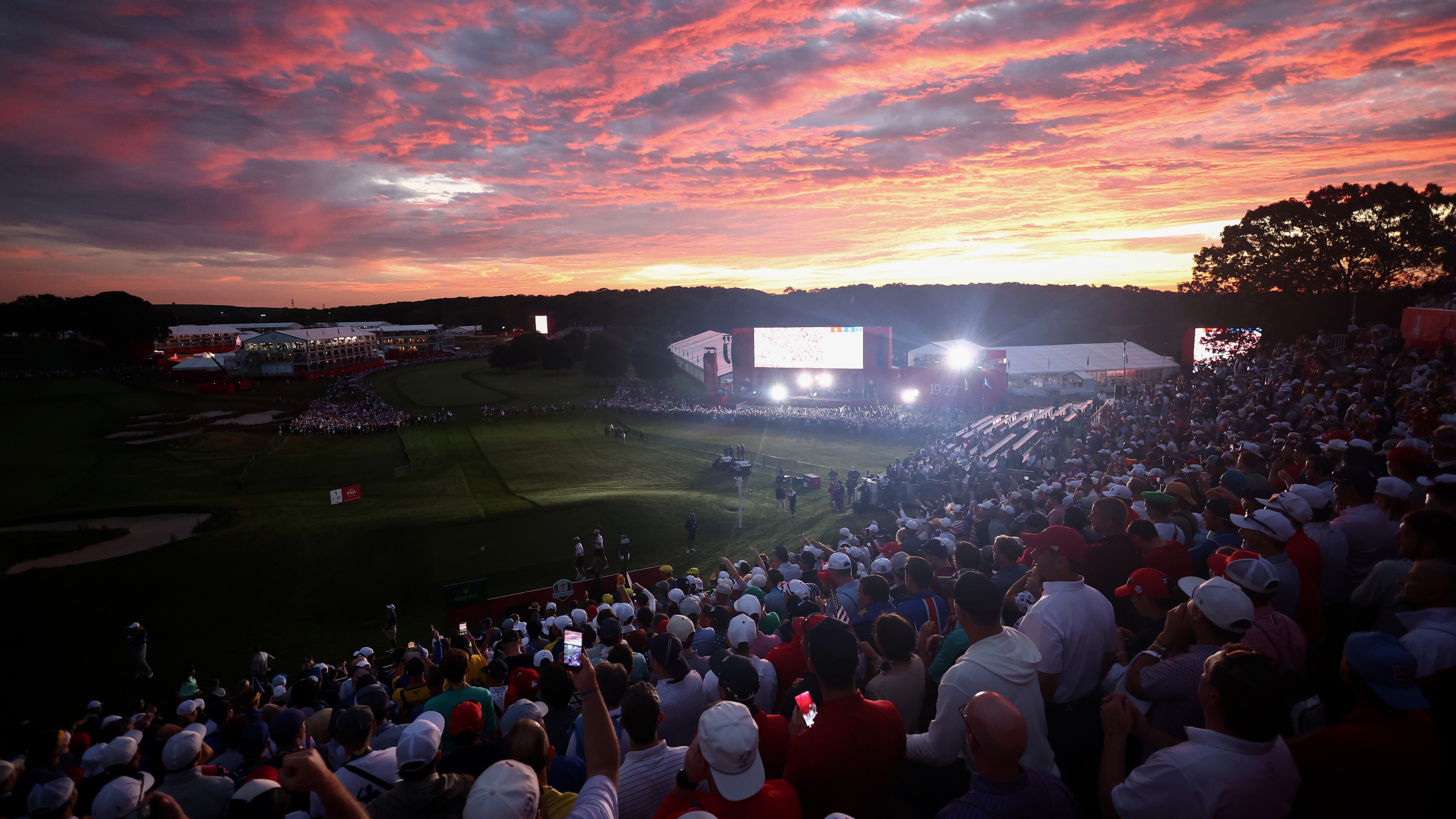 A general view is seen of the first tee during the Friday morning foursomes matches of the 2025 Ryder Cup at Black Course at Bethpage State Park Golf Course on September 26, 2025 in Farmingdale, New York