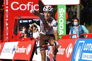 MOS SPAIN SEPTEMBER 04 Clment Champoussin of France and AG2R Citren Team celebrates winning during the 76th Tour of Spain 2021 Stage 20 a 2022km km stage from Sanxenxo to Mos Alto Castro de Herville 502m lavuelta LaVuelta21 on September 04 2021 in Mos Spain Photo by Tim de WaeleGetty Images