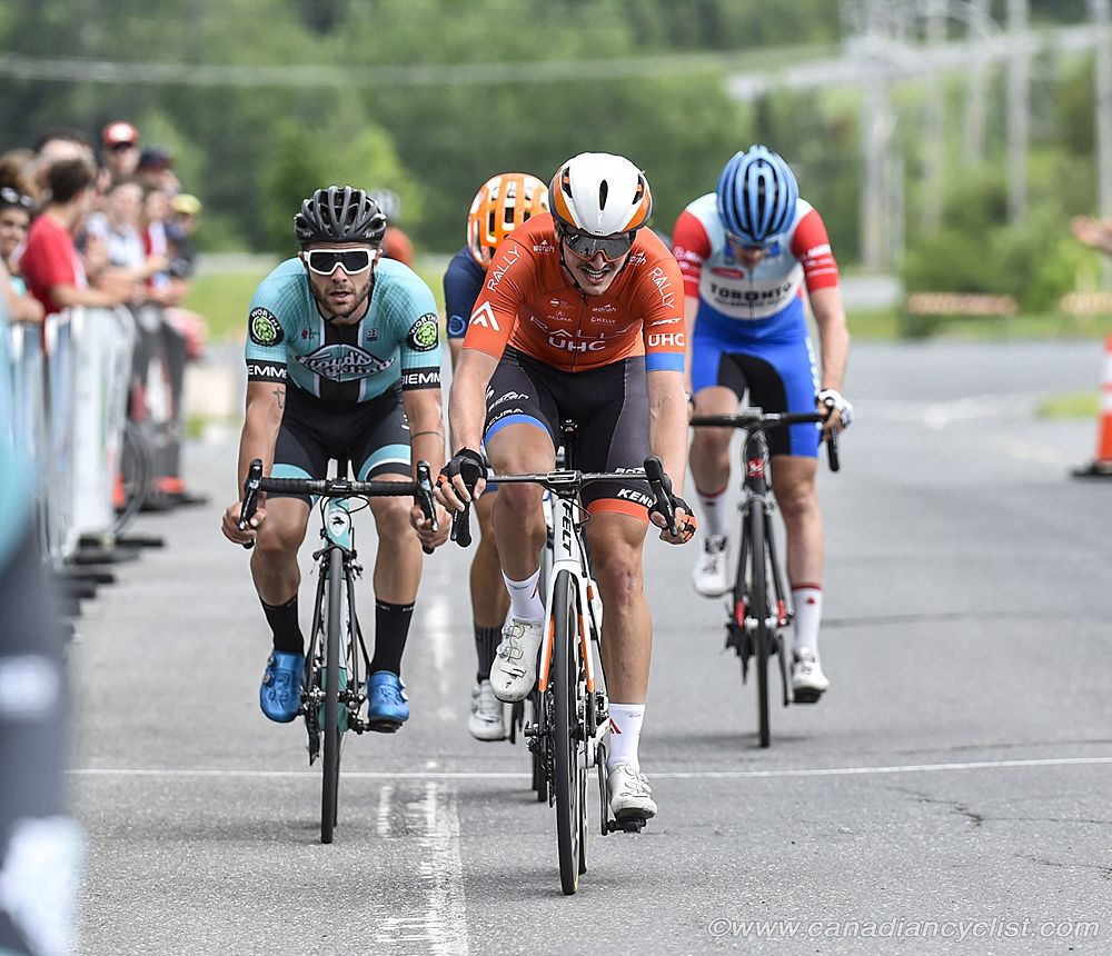Pierre Andre Cote (Rally UHC) leading Derek Gee (Toronto Velodrome Club), Charles Etienne Chretien (Equipe du Quebec) and Alex Cowan (Floyd's Pro Cycling)
