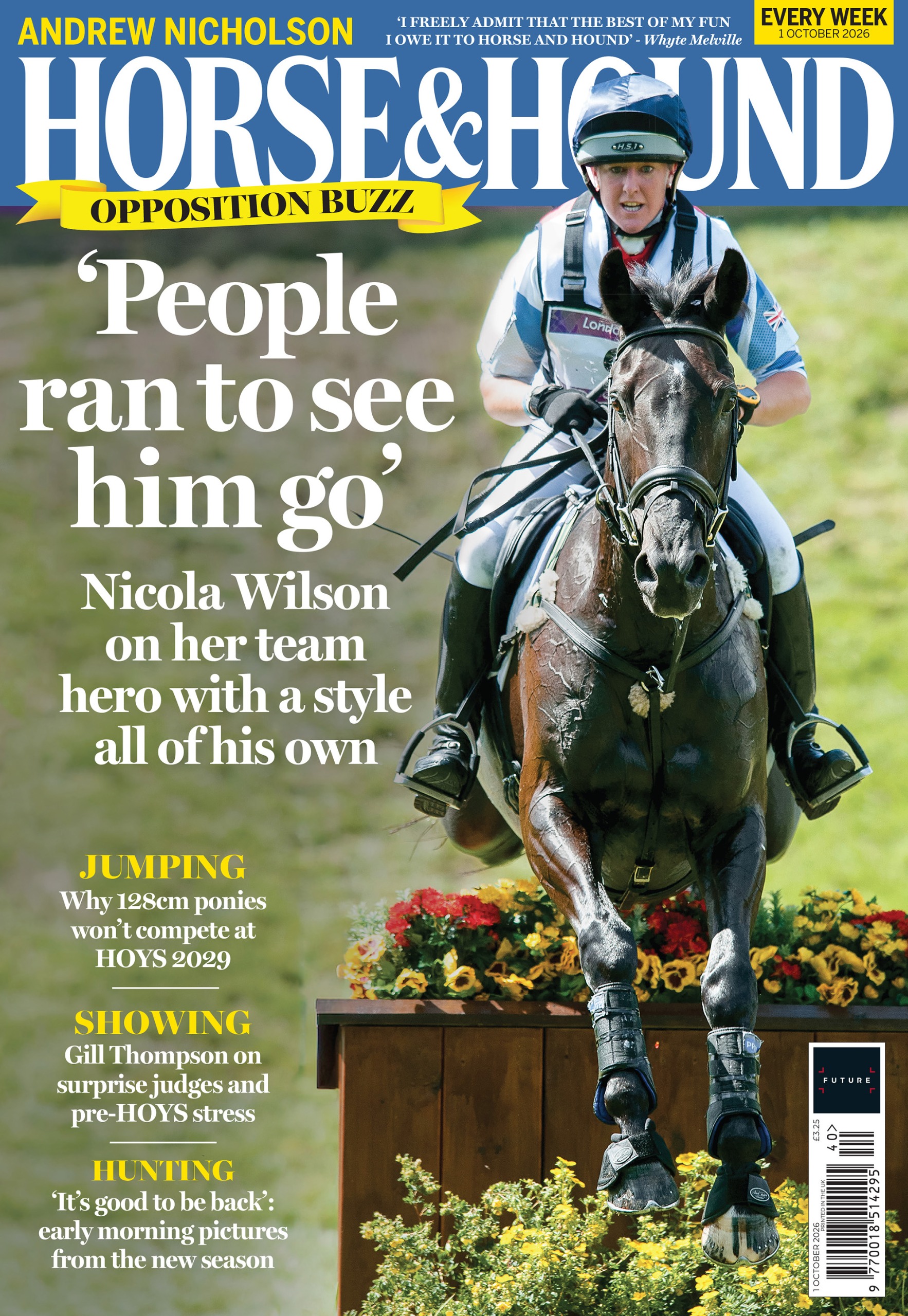Nicola Wilson and Opposition Buzz jump a wooden box cross-country fence with flowers on top towards the camera on the front cover of Horse &amp; Hound magazine, 1 October 2026 issue