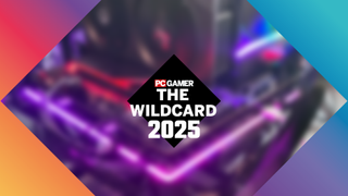 A black diamond with the words 'PC Gamer The Wildcard 2025' floats over the top of a blurred out image. It's difficult to discern what's in the background, but a strip of purple-pink RGB lighting, two fans, and a circuit board are vaguely identifiable.