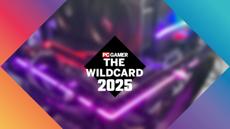A black diamond with the words 'PC Gamer The Wildcard 2025' floats over the top of a blurred out image. It's difficult to discern what's in the background, but a strip of purple-pink RGB lighting, two fans, and a circuit board are vaguely identifiable.
