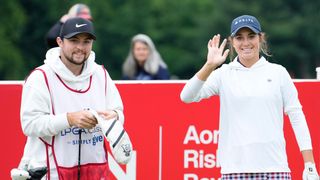 Rachel Kuehn of The United States and caddie Alex Fitzpatrick react on the 14th tee during the second round of the Meijer LPGA Classic for Simply Give at Blythefield Country Club on June 16, 2023 in Grand Rapids, Michigan