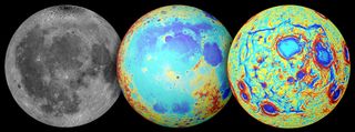 This series of images show the moon as seen in visible light (left), its topography (center; red is high terrain, blue is low), and NASA's GRAIL gravity measurements (right). The moon's Ocean of Storms is a broad region of low topography covered in dark mare basalt, with gravity measurements revealing a giant rectangular pattern of structures around the area.