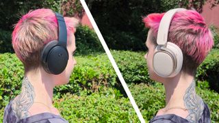 A woman models a black pair of Bose QuietComfort headphones, alongside a pair of pink Edifier ES850NB headphones.