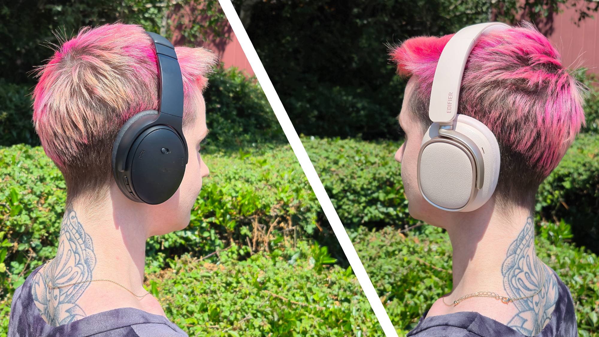 A woman models a black pair of Bose QuietComfort headphones, alongside a pair of pink Edifier ES850NB headphones.