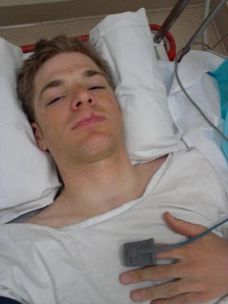 Jürgen Roelandts (Lotto-Belisol) in Adelaide hospital follwing mass crash at the Tour Down Under stage one.