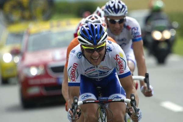 Julien Simon (Saur-Sojasun) at the head of the day's break which also included Matthieu Ladagnous (FDJ-BigMat), Pablo Urtasun (Euskaltel-Euskadi) and Jan Ghyselinck (Cofidis)