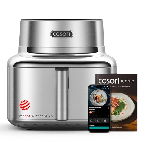 Cosori Iconic Stainless Steel 6.5 Qt Smart Air Fryer, Pfas-Free Ceramic Coating, Max 450&amp;deg;f, Consistent Cooking, Air Fry, Roast, Bake, Dry, Proof, Reheat, Dishwasher-Safe Basket, Chef-Crafted Recipes