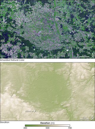 The top image is a simulated, natural-color image of the Reis Crater, as seen by NASA's Terra satellite. The city of Nördlingen is situated near its center. Dark green indicates forest, bright green indicates agriculture, and blue-gray indicates buildings and paved surfaces. The bottom image is an elevation map, with the lowest lying areas shown in green and the highest areas in off-white.