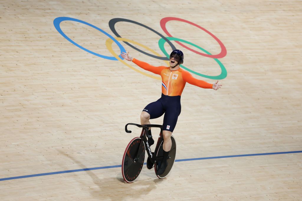 PARIS FRANCE AUGUST 06 Gold medalist Harrie Lavreysen of Team Netherlands celebrates during the Mens Team Sprint Finals on day eleven of the Olympic Games Paris 2024 at SaintQuentinenYvelines Velodrome on August 06 2024 in Paris France Photo by Tim de WaeleGetty Images