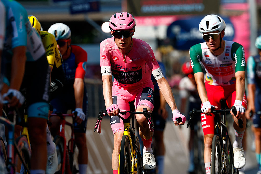 Team Visma Lease a Bike Danish rider Jonas Vingegaard crosses the finish line of the 15th stage of the Giro d'Italia 2026 - Tour of Italy cycling race between Voghera and Milan, Italy, on May 24, 2026. (Photo by Luca Bettini / AFP)