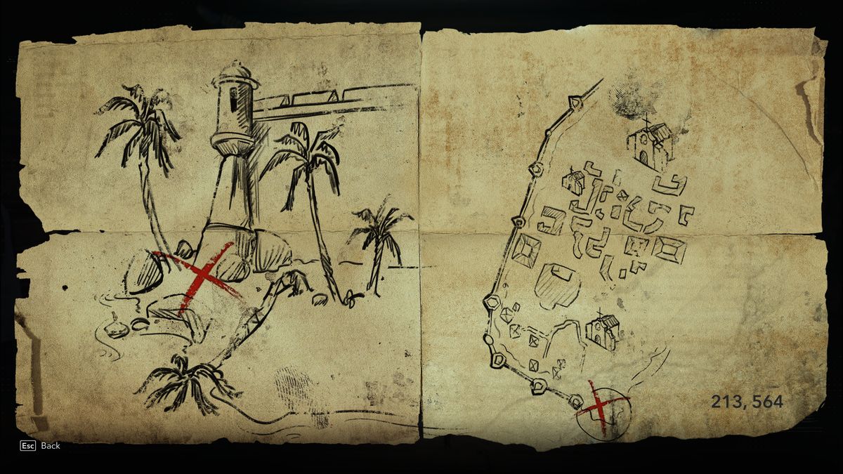 Black Flag treasure maps: A hand-drawn map leading to buried treasure.