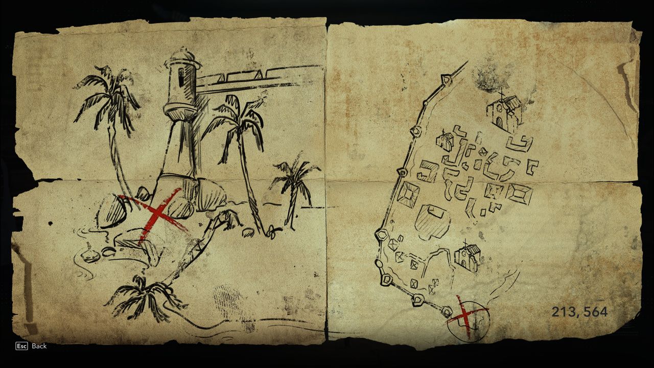 Black Flag treasure maps: A hand-drawn map leading to buried treasure.