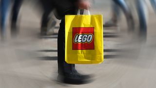 Lego bag held with radial blur surrounding it