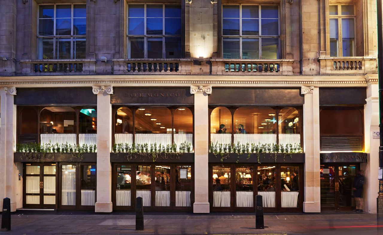 Exterior view of the entrance of Café Monico — London, UK