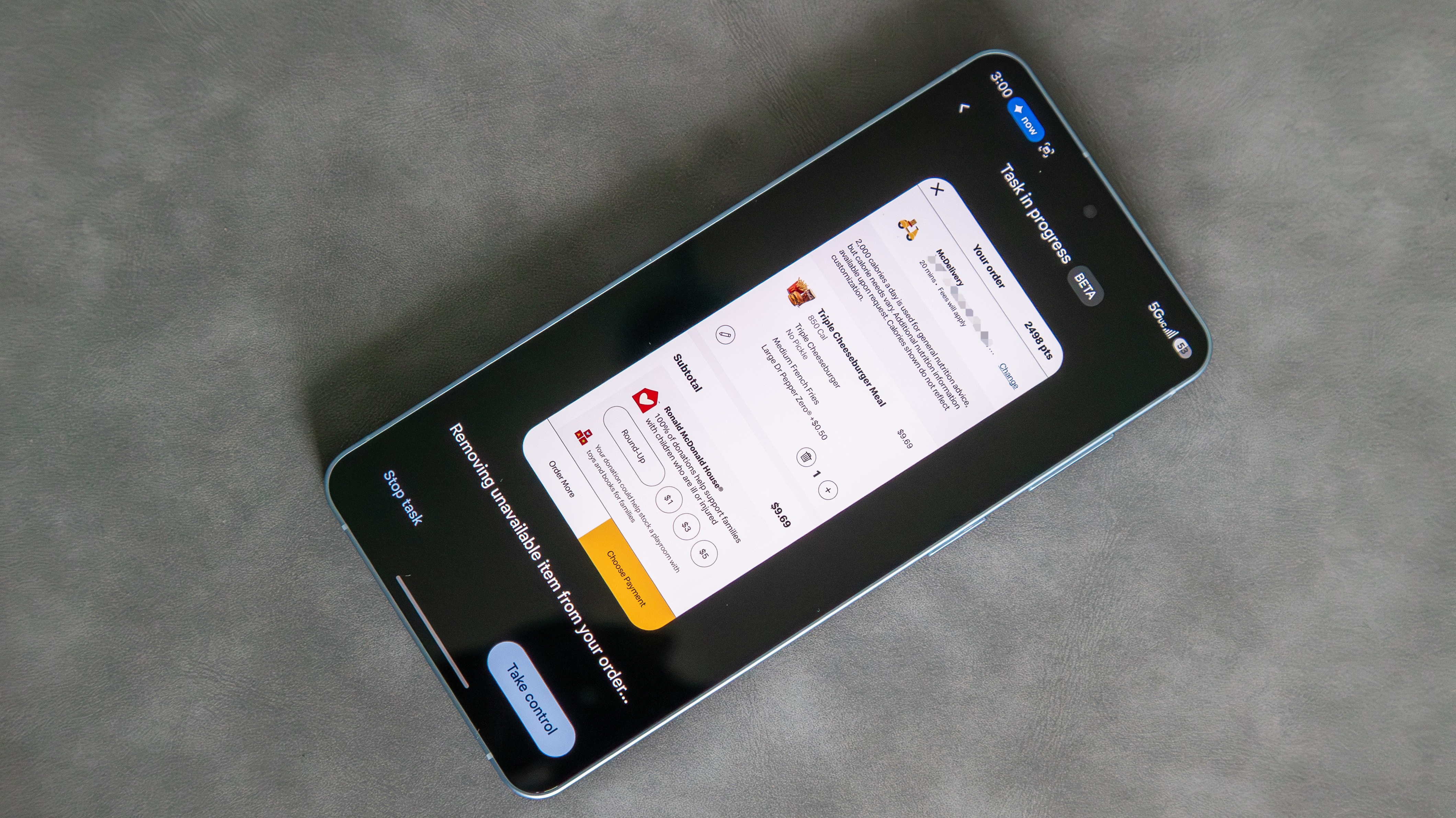 Gemini completing an automated food order on the Galaxy S26 Plus