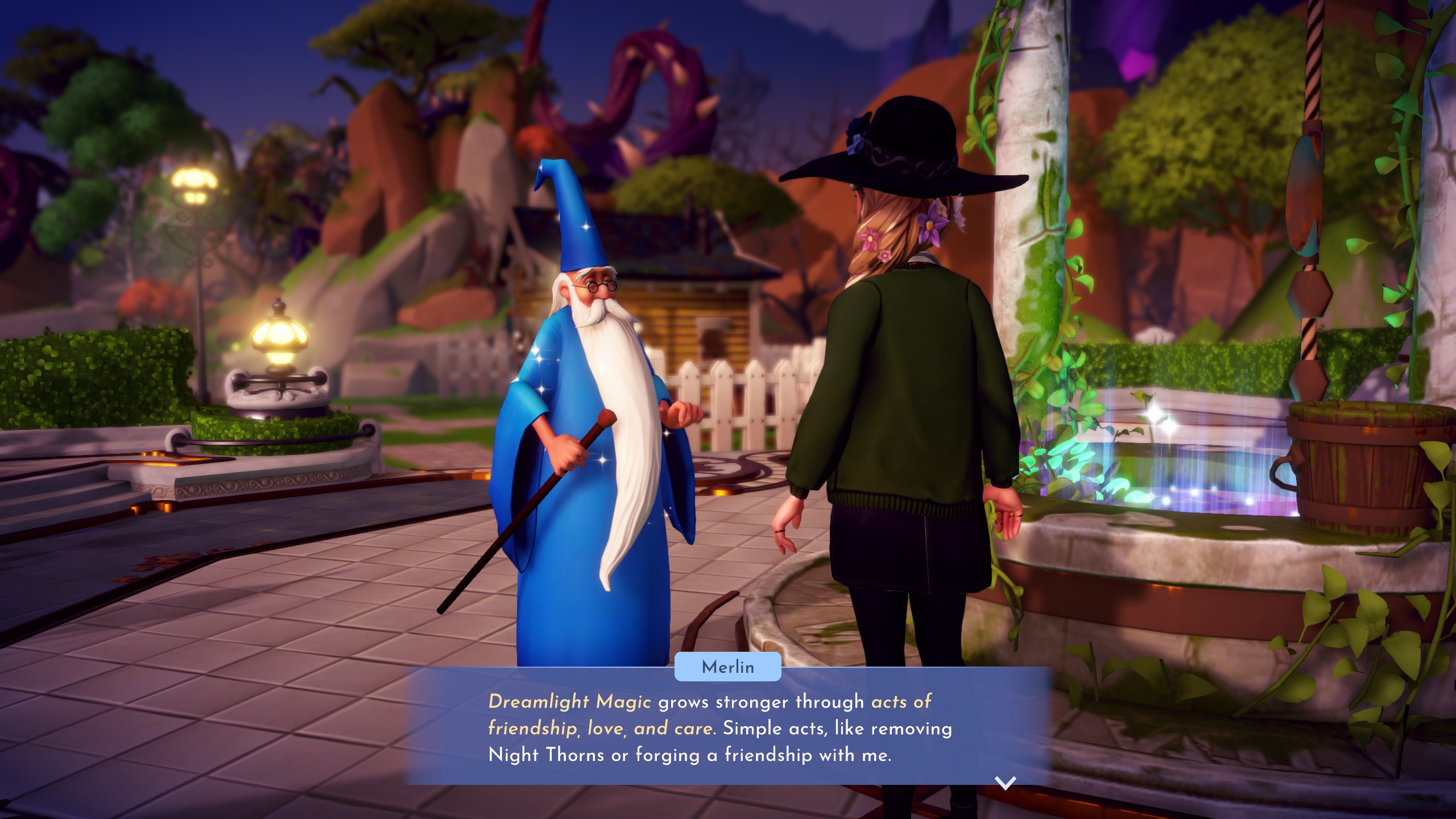 Disney Dreamlight Valley - Merlin stands near the center of Dreamlight Valley's plaza and tells the player that magic is made stronger through acts of friendship, love, and care.