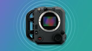 Fujifilm GFX Eterna camera on a multi-color background with radar graphic overlay