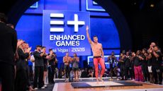 Greek swimmer Kristian Gkolomeev celebrates at the Enhanced Games in Las Vegas. 