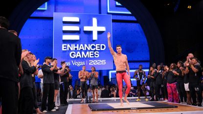 Greek swimmer Kristian Gkolomeev celebrates at the Enhanced Games in Las Vegas.