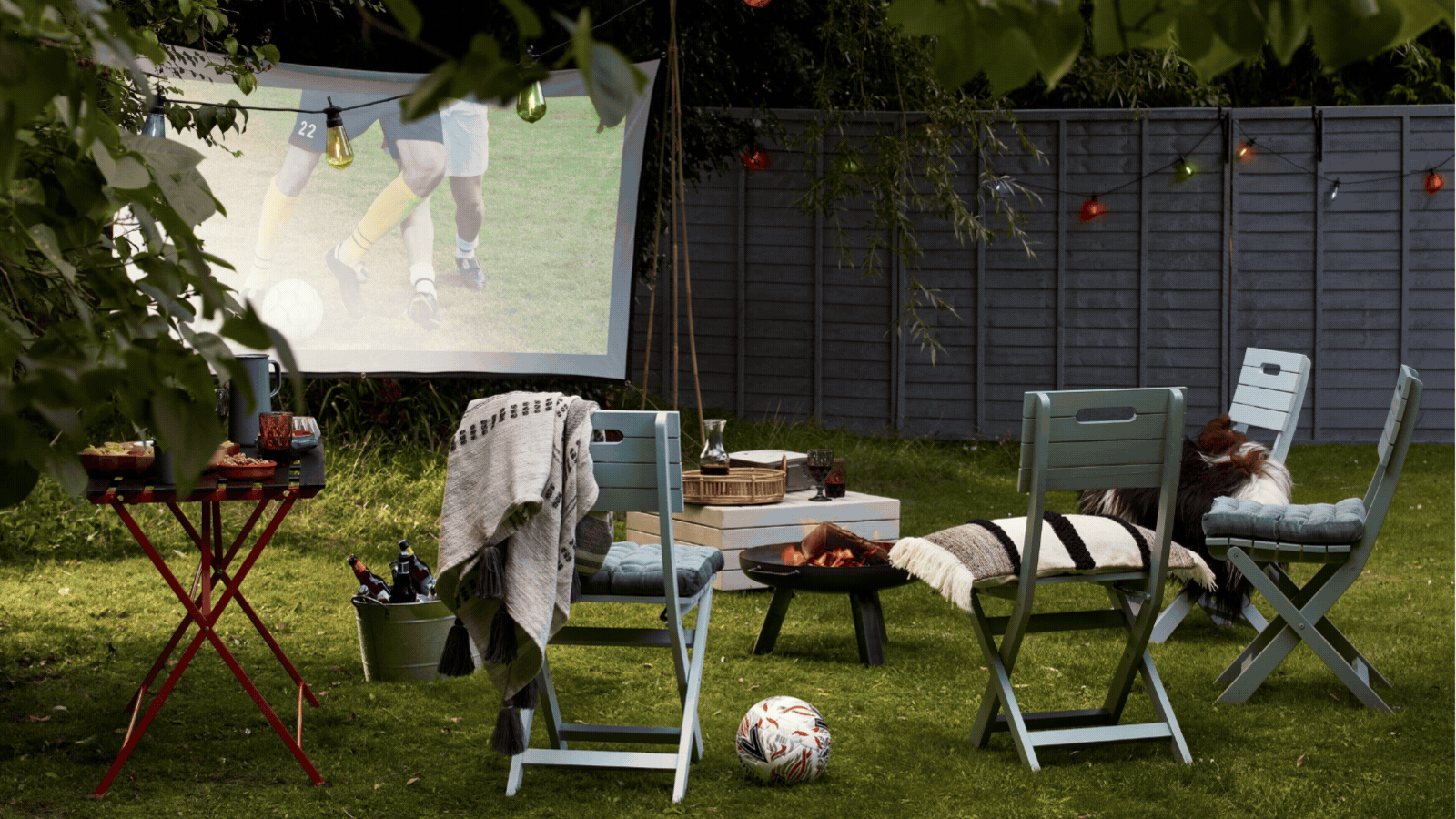 Rotating GIF of three images that show different outdoor spaces with outdoor furniture that has been painted in light blue, cream, and green colors.