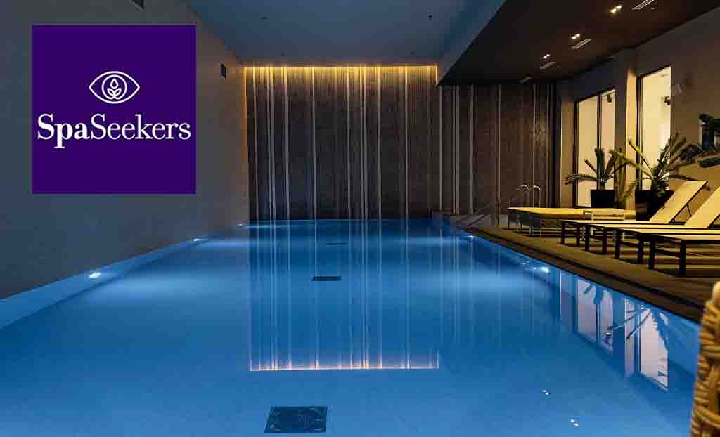 Spa Seekers logo placed over an inside pool 