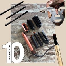 A collage of iconic beauty products including the Dyson Airwrap, Hourglass Phantom Lip and Victoria Beckham Beauty Satin Kajal Liners