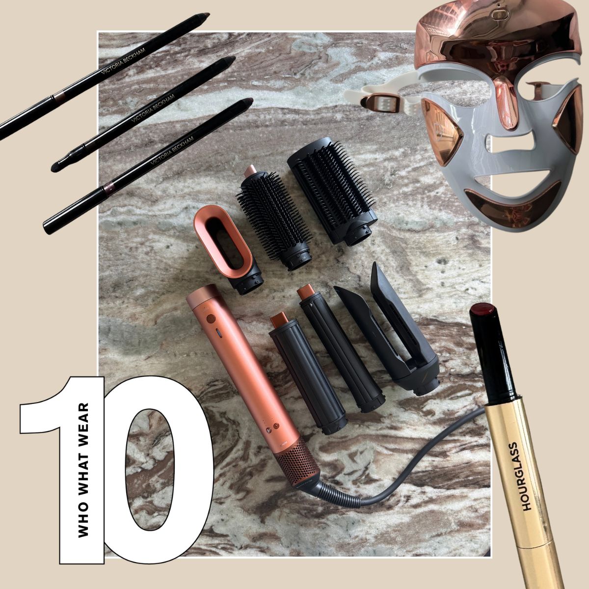 A collage of iconic beauty products including the Dyson Airwrap, Hourglass Phantom Lip and Victoria Beckham Beauty Satin Kajal Liners