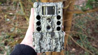 Bushnell Core DS-4K No Glow, a trail camera, held in hand in front of tree