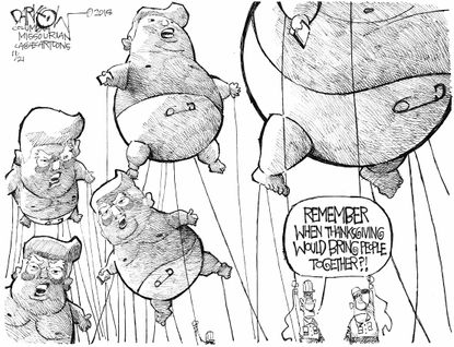 Political cartoon U.S. Trump baby balloons Thanksgiving parade division