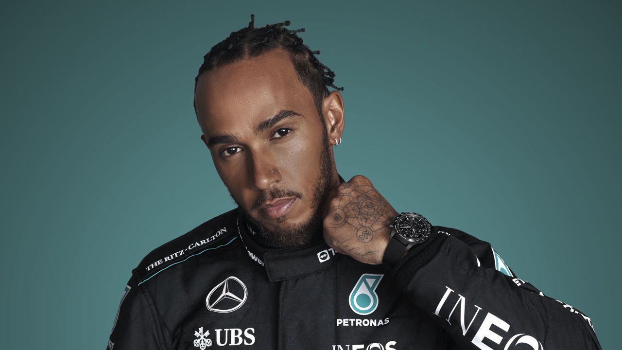 A shot of Lewis Hamilton wearing an IWC watch