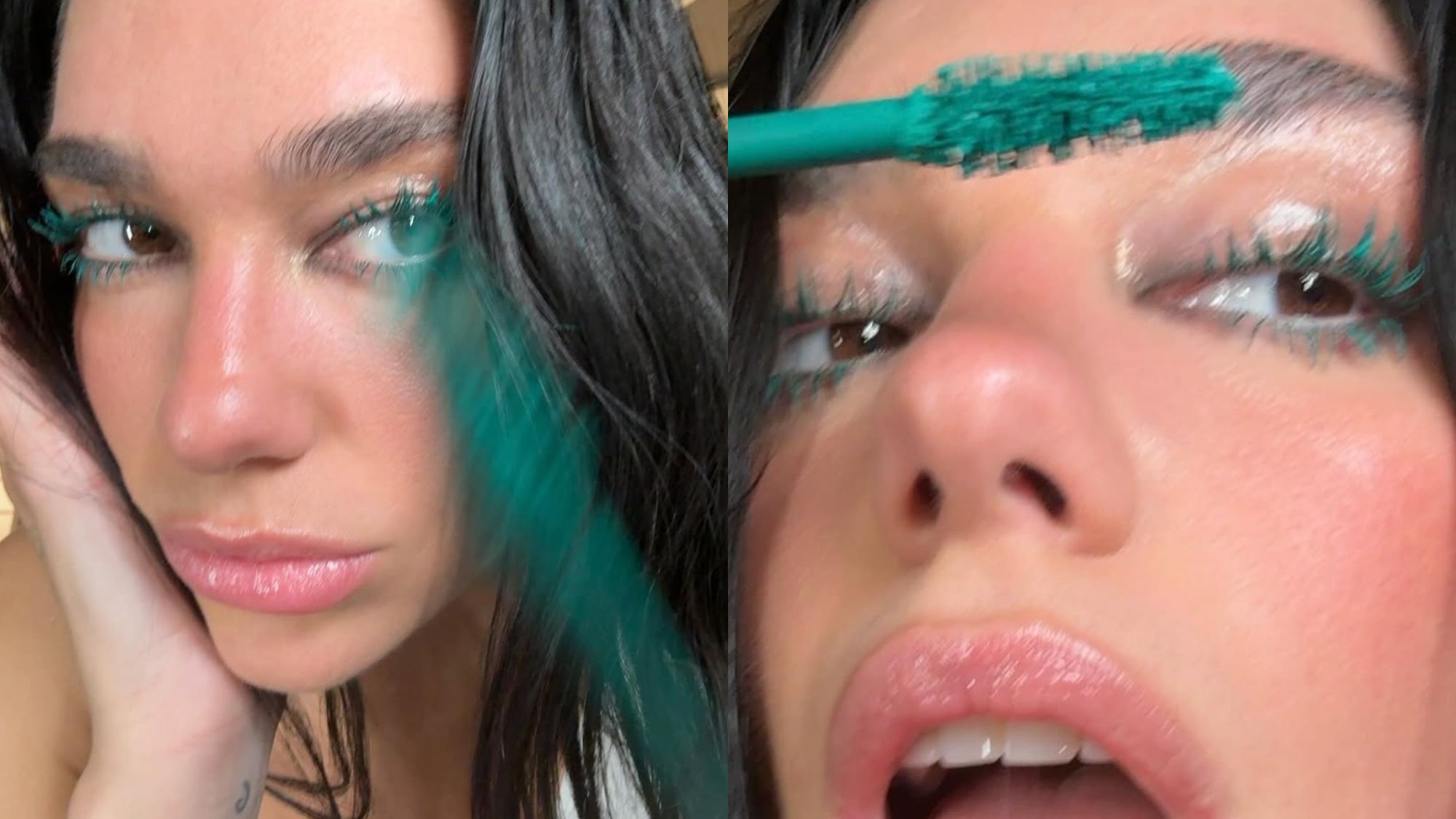 Two images side-by-side posted to Dua Lipa's Instagram account of the singer applying and wearing turquoise mascara.