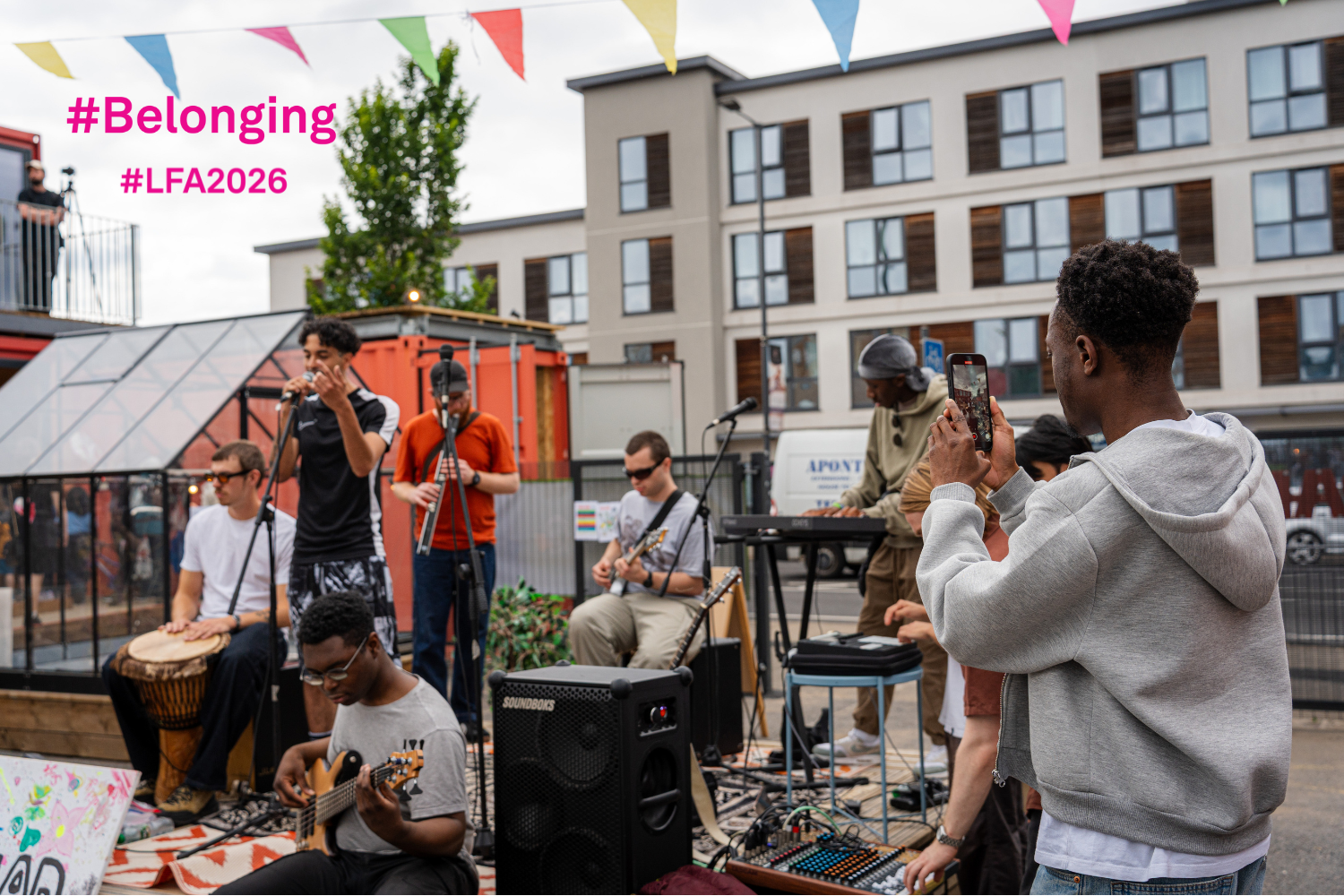 Belonging image showing band playing outdoors in london, linked to the london festival of architecture