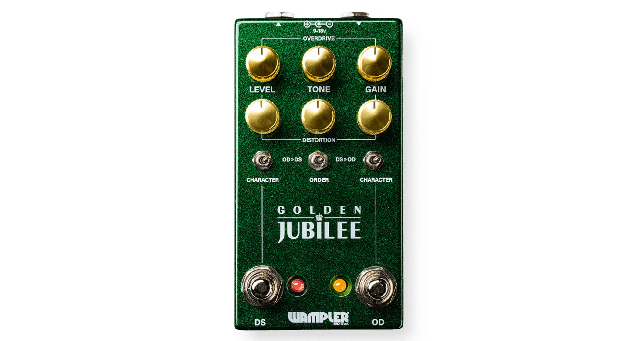Wampler Golden Jubilee: the sparkly-green stompbox has gold anodized dials and two channels of drive to play with, placing classic Plexi and Mesa-style sounds into a compact housing.