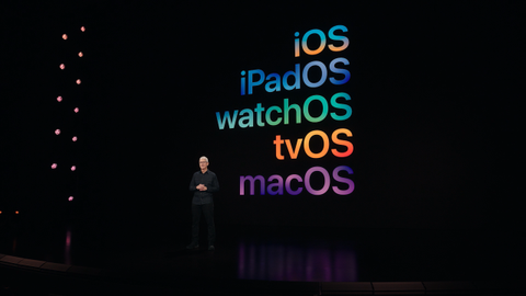 iOS, macOS, tvOS, watchOS and iPad OS on stage with Tim Cook