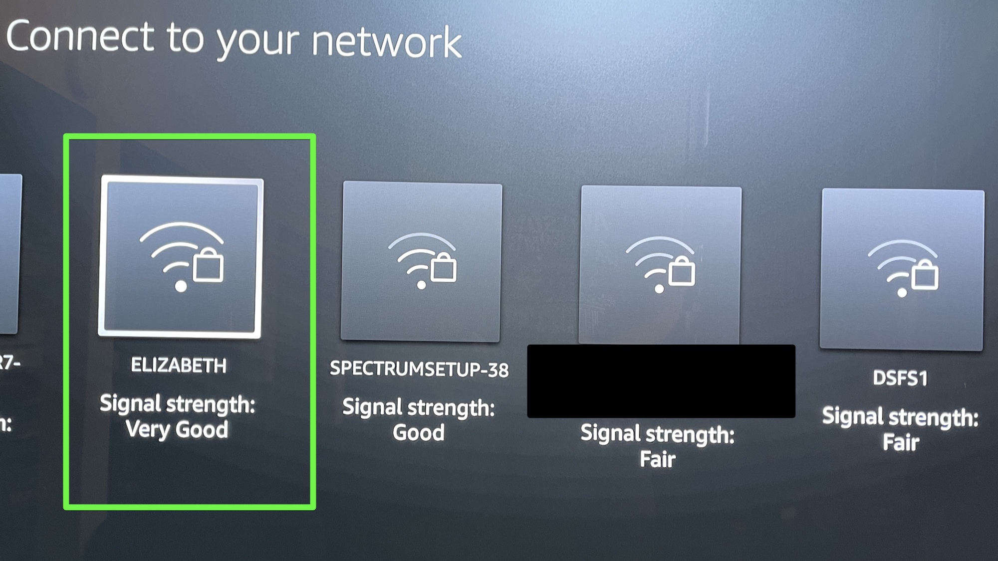 the fire tv setup screen asking to select a wi-fi network, with a network highlighted