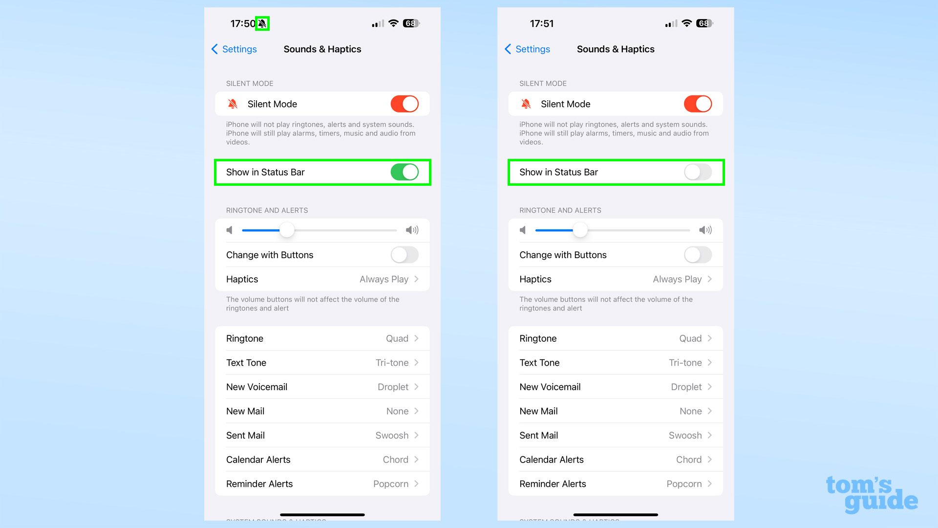 Два снимка экрана, показывающие меню «Звук и тактильные ощущения» в iOS 17 с включенной и отключенной опцией «Показать в строке состояния» для бесшумного режима.