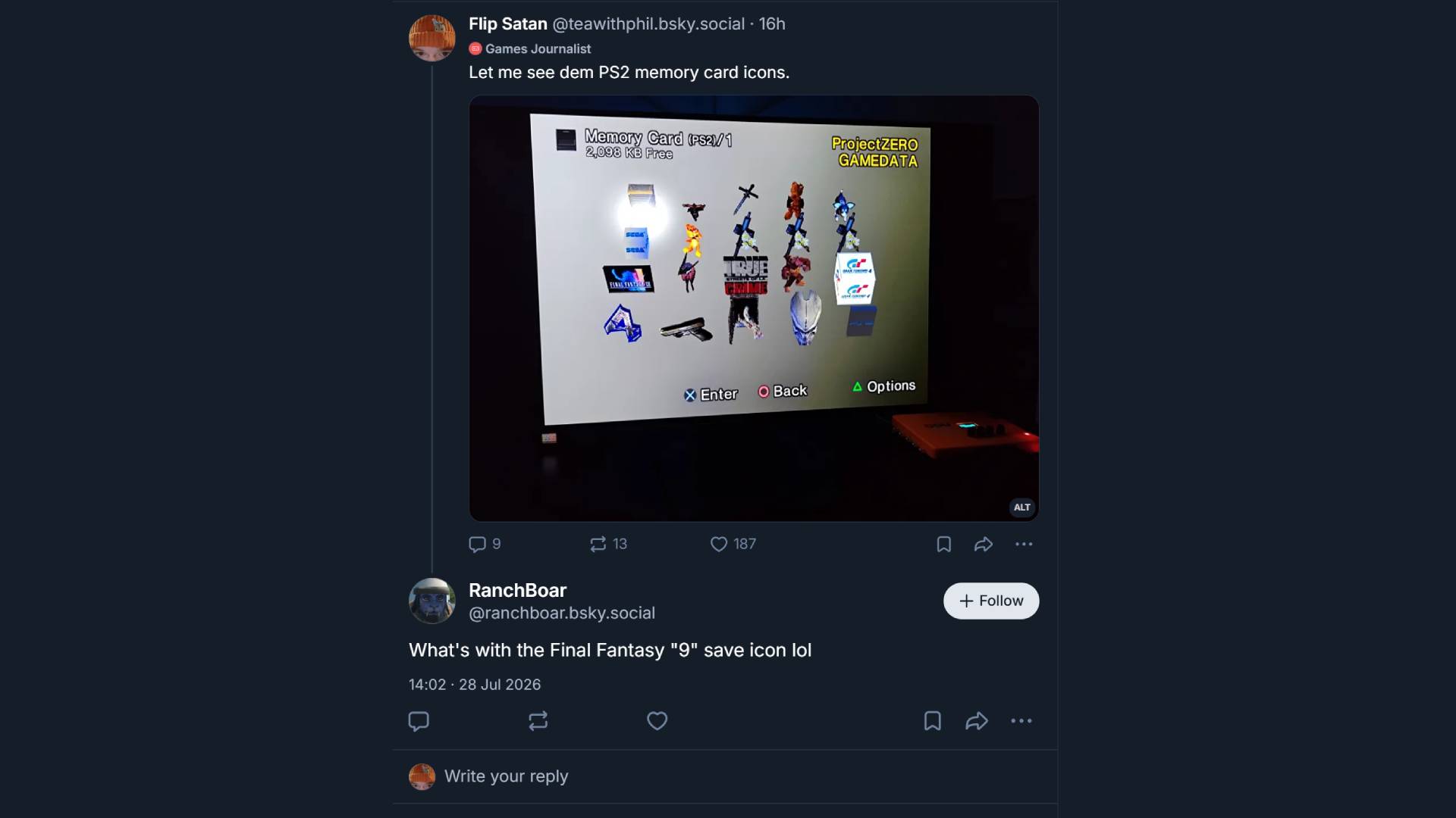 Bluesky post with picture of PS2 memory card screen via GBS-C upscaler and user &amp;quot;RanchBoar&amp;quot; asking &amp;quot;What's with the Final Fantasy &amp;quot;9&amp;quot; save icon lol&amp;quot;